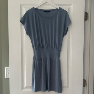 White House Black Market Slate Blue Short Sleeve Smocked Waist Dress